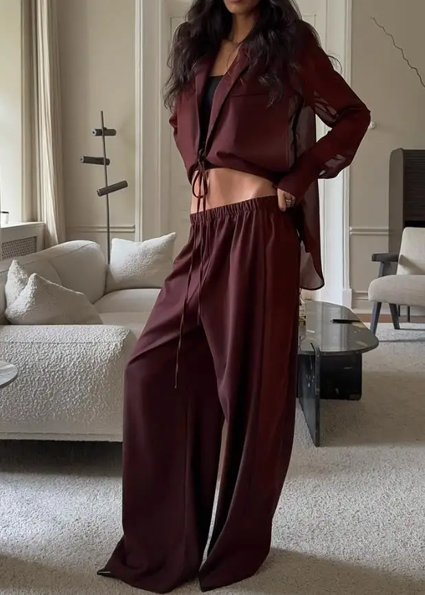 

Ladies' Sexy Lapel Long Sleeved See Through Mesh Backless Lace Up Top and High Waist Side See Through Wide Leg Pants Set