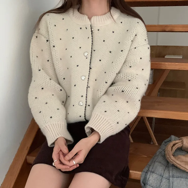 

Винтажный утепленный свитер во французском стиле с сердечками в горошек, зимний кардиган для женщин, однобортный мягкий вязаный верхняя одежда, женская