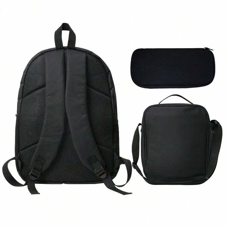 

3pcs Black Backpack Lunch Bag Pencil Case Set Lightweight Daily Use Adjustable Straps Zipper Closure