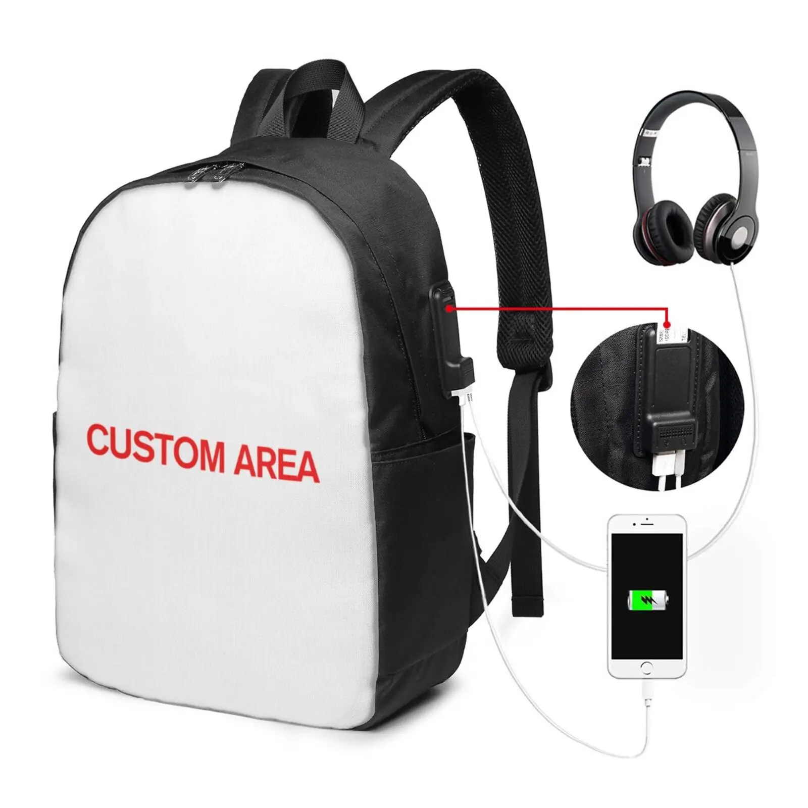 

Custom Fashion Backpacks with usb Earphone hole Women Men Casual Bookbag for School College Bags