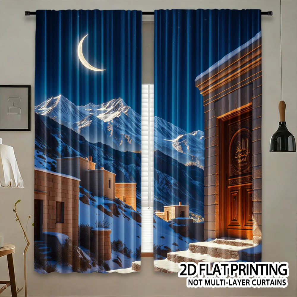 Moonlight Mountain Curtains, Blue Night Sky & Architecture Print Blackout Drapes, Serene Landscape Decor for Bedroom Living Room