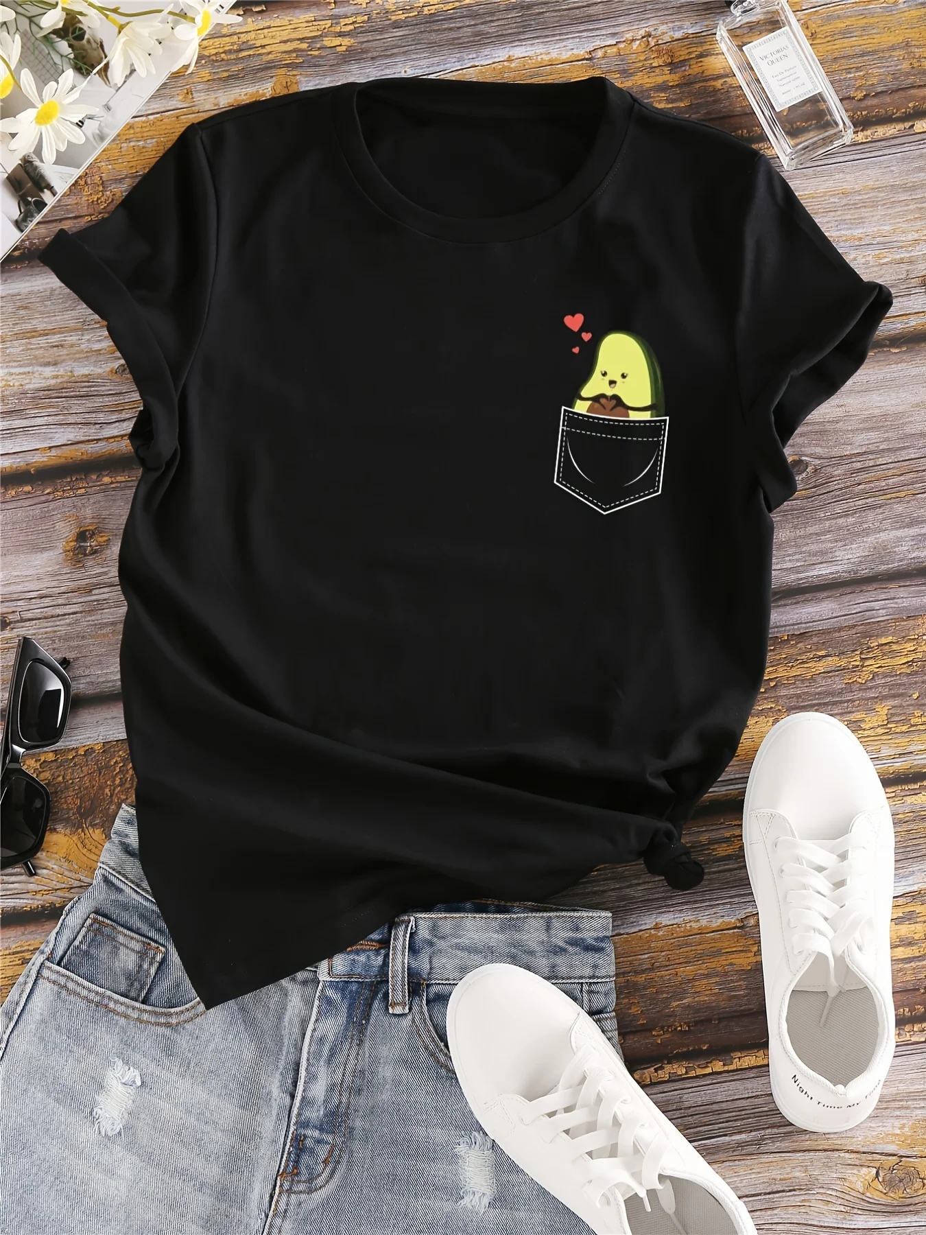 Avocado Print Crew Neck T-shirt Casual Loose Short Sleeve Fashion Summer T-Shirts Tops Women's Clothing  Casual Female Clothing