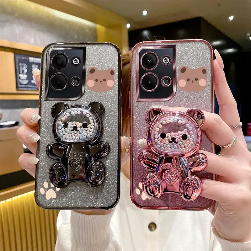 Reno7 Reno2 Reno3 Glitter Bling Bear Phone Holder Case On For Oppo Reno 7 2 Z 2Z 3 4 5 5K 6 6Z SE Pro 4G 5G Reno4 Stand Cover