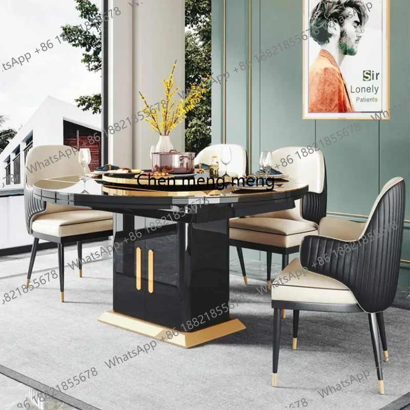 Black Dining Tables Tempered Glass Smart Heating Modern Luxury Extendable Round Table Chairs Set 6 with Induction Hob Home-use