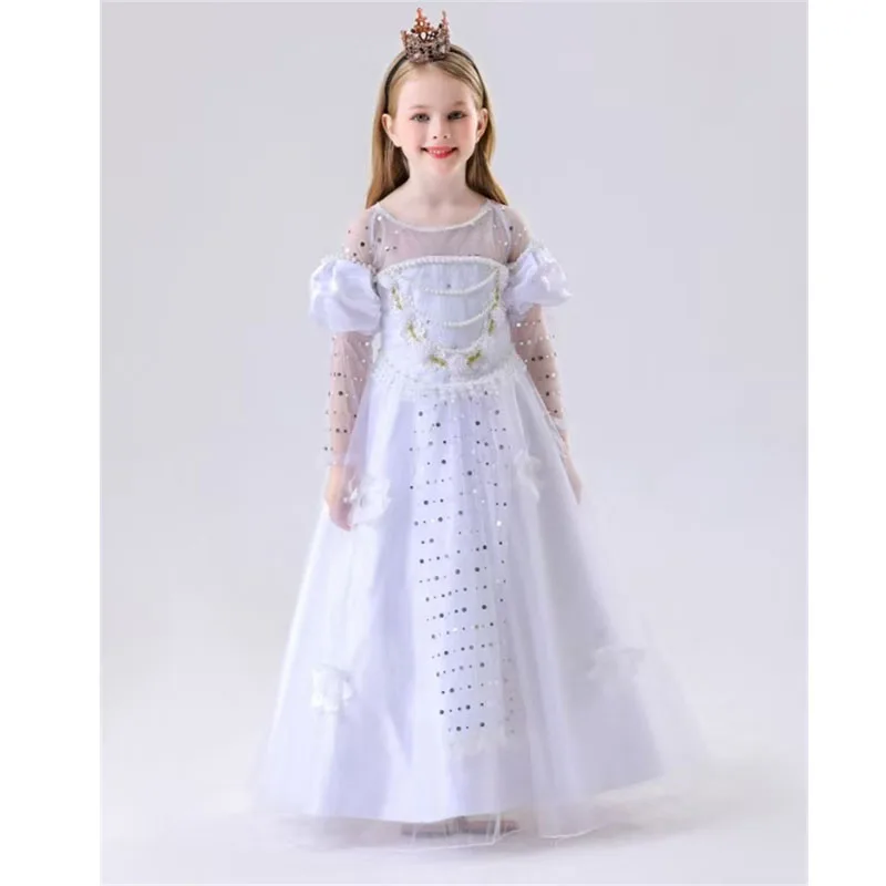 White Snow Princess Dress Little Girl White Lace Gauze Princess Pompadour Dress Queen Costume with Sequins