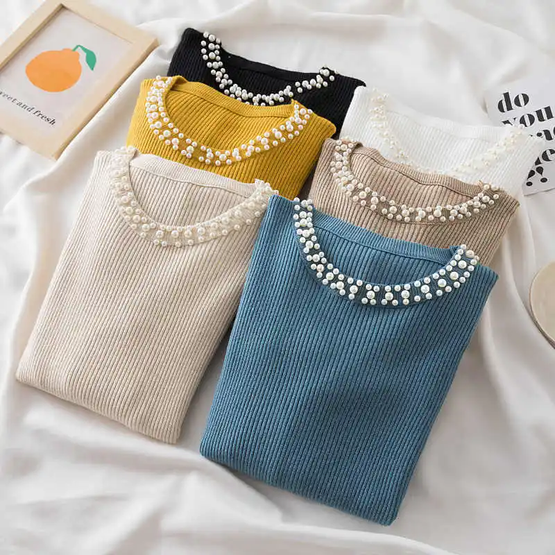 Chic Beading O-Neck Pullover Sweater For Women Autumn New Long Sleeves Warm Elastic Bottom Shirts Slim Short Knitted Underwear