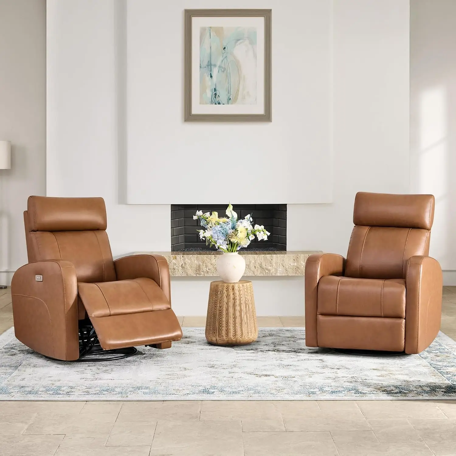 Genuine Leather Power Recliner Chair for Adults, Swivel Glider, Brown