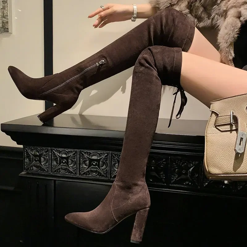 Suede Nubuck Leather Block High Heels Sexy Lady Overknees Socks Botines Soft Warm Winter Shoes Over-the-knee Thigh Stretch Boots