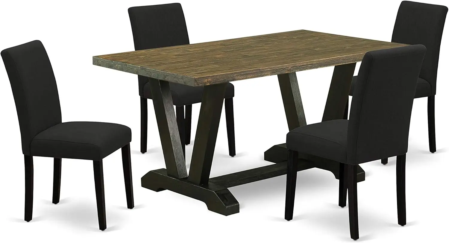 V-Style 5 Piece Modern Dining Set includes a Rectangle Wooden Table with V-Legs and 4 Black Linen Fabric Upholstered Chairs