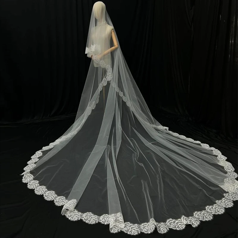 Luxury Rose Lace Trim Cathedral Wedding Veil WITHOUT Comb One Layer Customized 3M Church Ivory Tulle Bridal Veil Accessories