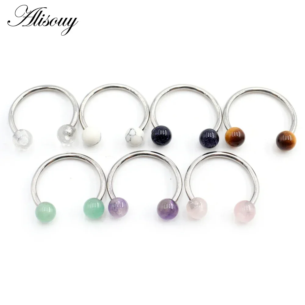 Alisouy 1 Piece Stainless Steel Stone Beed Nose Ring Horseshoe BCR Captive Septum Ear Gauge Eyebrow Ring Piercing Body Jewelry