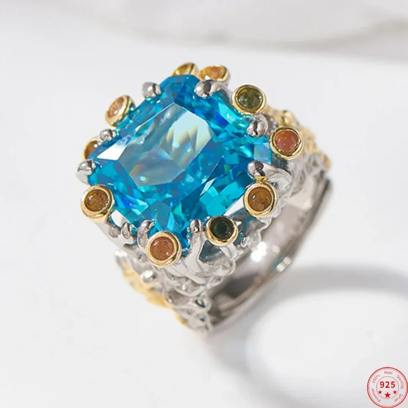 

S925 sterling silver charms rings for Women New Fashion ordered colored sea blue zircon tourmaline punk jewelry free shipping