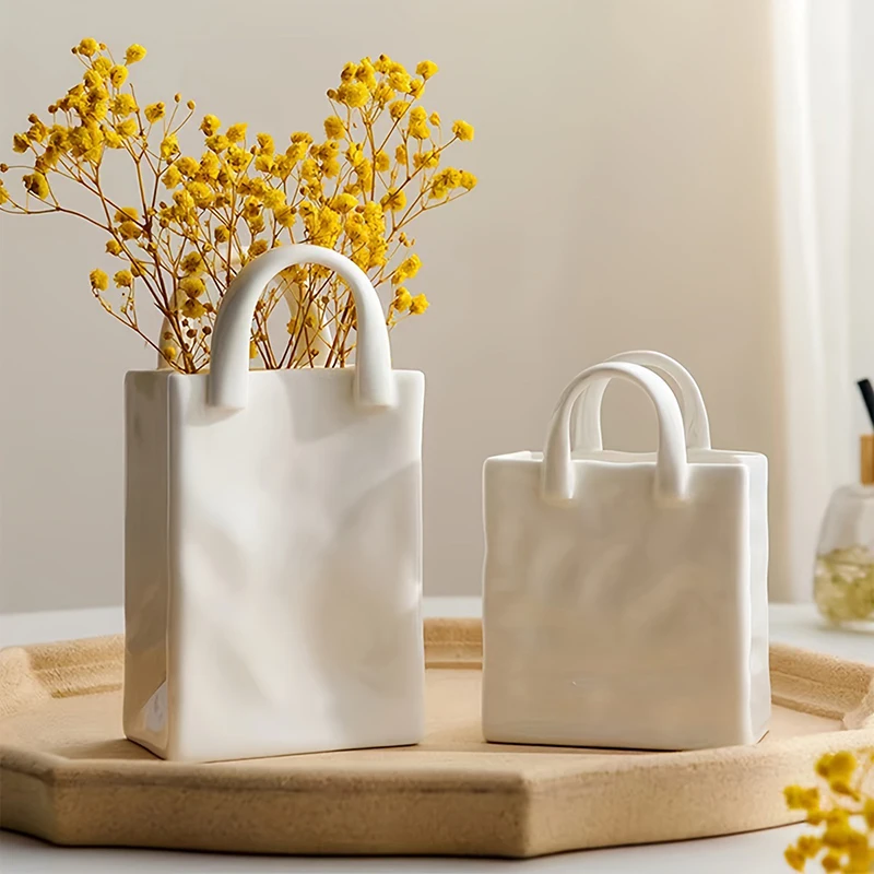 Florero con forma de bolso, florero blanco decorativo moderno, decoración del hogar, arreglo de flores secas, decoración de mesa