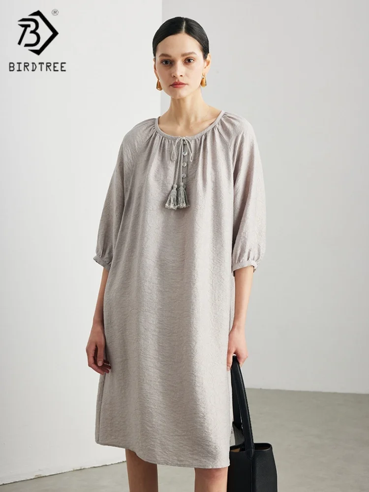 

Birdtree,4% Silk Solid Homewear Dress,Silk Blended,Women's Jacquard Crepe Loose Elegant O-neck Casual Dress,2026 New D61101JF