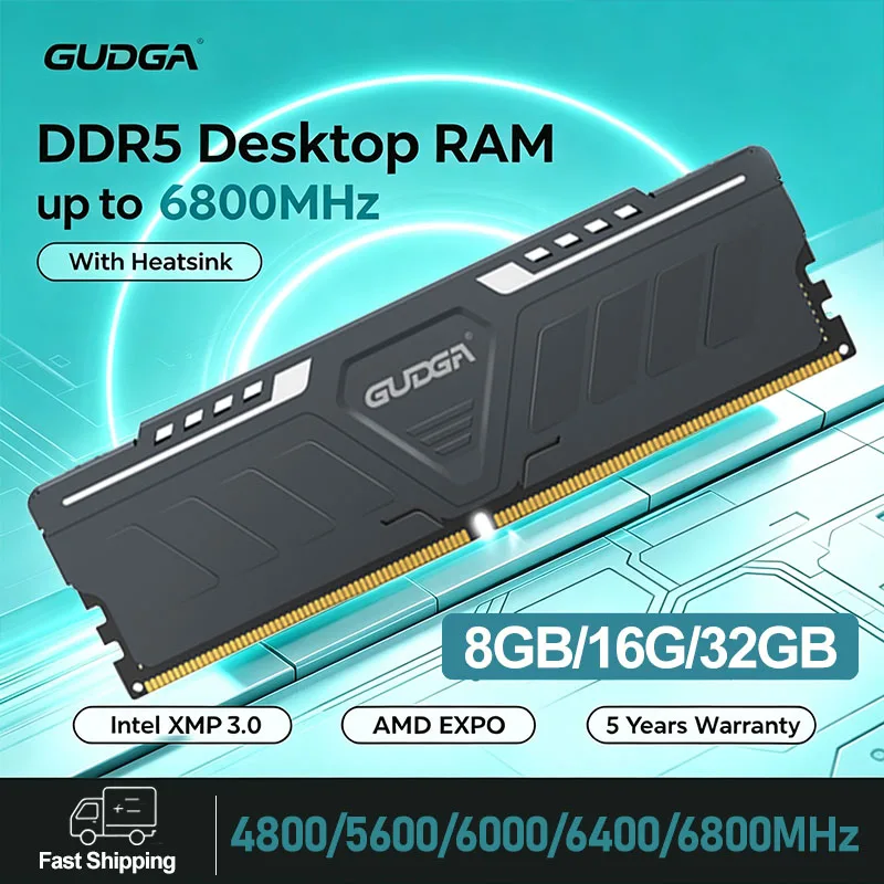 Mémoire RAM GUDGA DDR5 8 Go/16 Go/32 Go 4800-6800 MHz 1,1-1,35 V CL40 DIMM avec dissipateur thermique en aluminium pour ordinateur de bureau PC