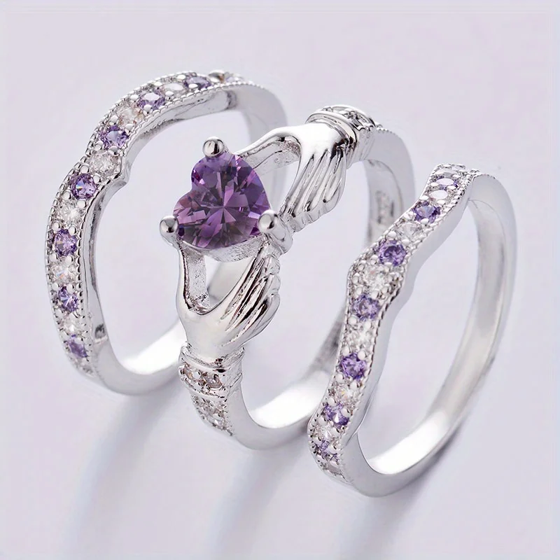 3pcs Claddagh Heart Design Rings Set Party Jewelry Arrows Cubic Zirconia in Purple, Blue & Pinkish Anniversary Holiday Gifts