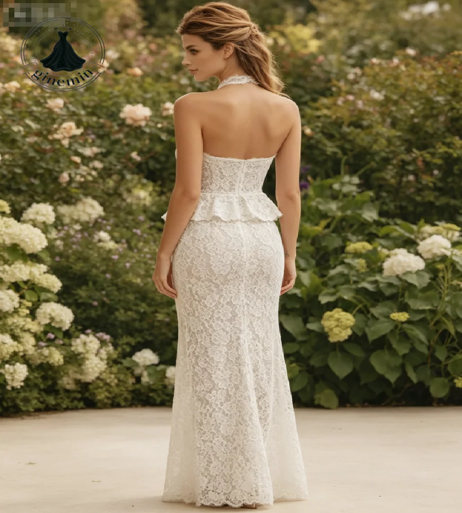 White Halter Neck Lace Midi Wedding Dress Peplum Waist Sleeveless Backless Sheath Bridal Gown Ankle Length Bohemian Elopement