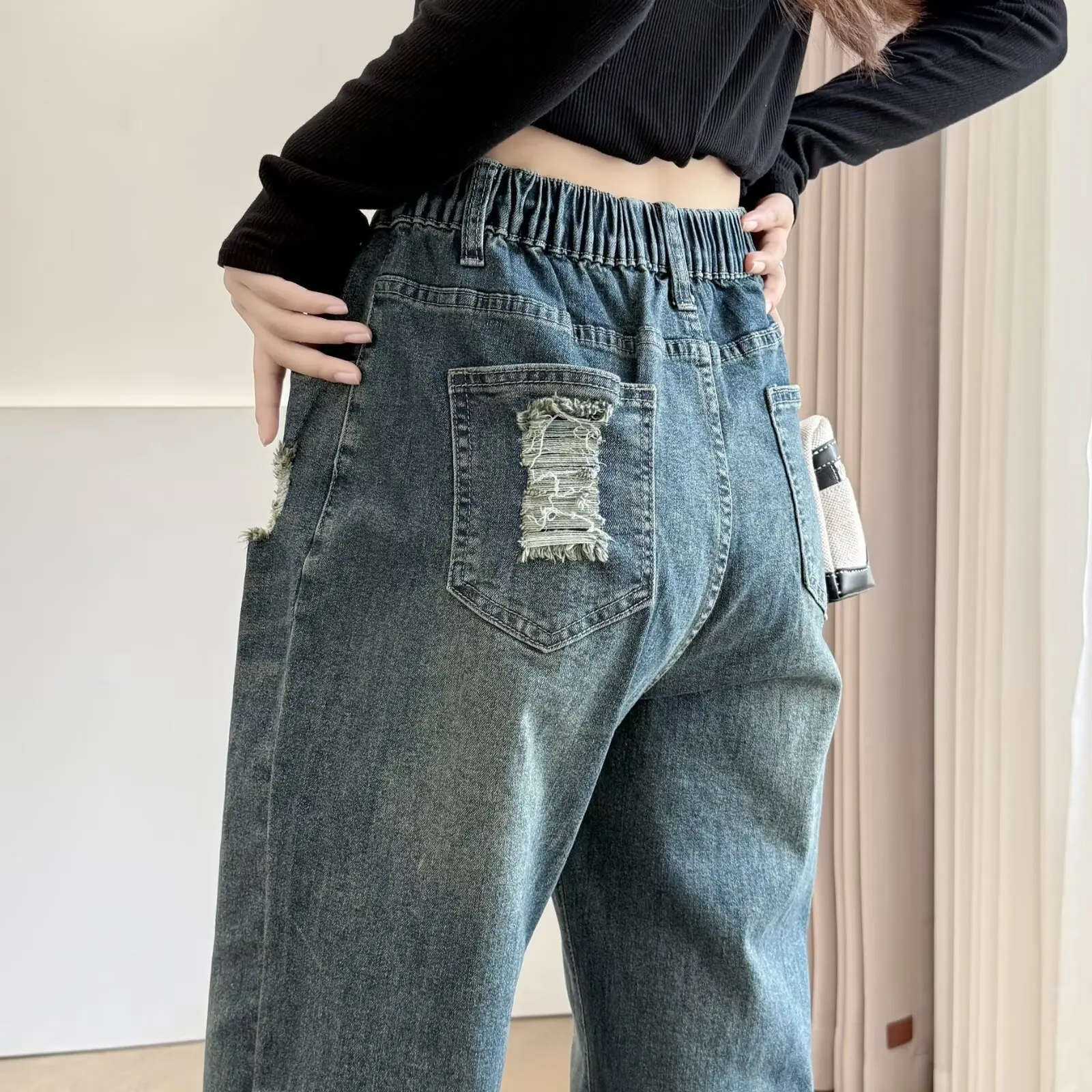 XXXXL موضة حجم كبير جينز نسائي جديد الخريف مستقيم الساق السراويل مع ثقوب و عادية غسلها الدينيم كامل طول بنطلون 2570