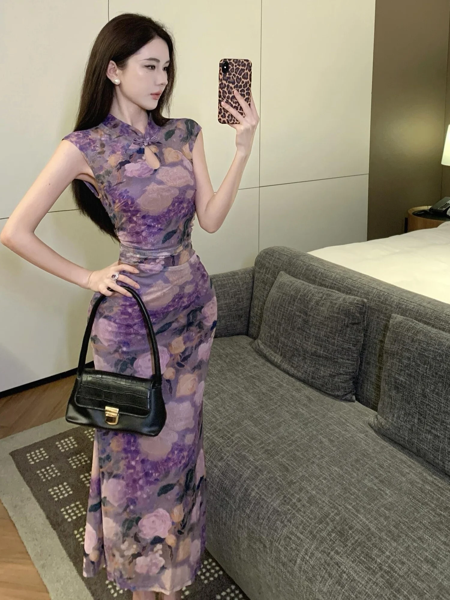 

New Chinese Style National Trend Improved Dress Retro Purple Floral Print Slim Long Dress Summer Short Sleeve Women...