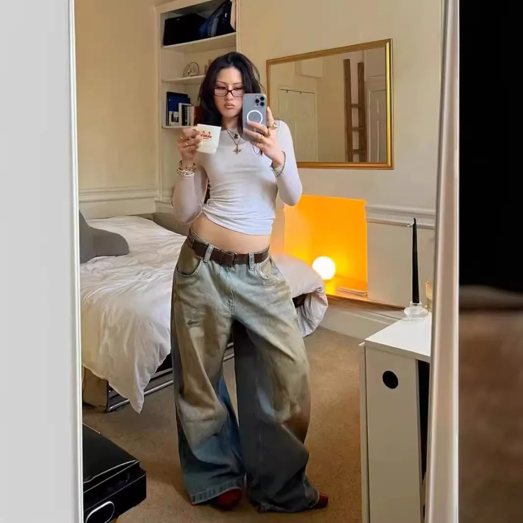 

Jaded London Spicy Girl Dirt Dyed Синие широкие прямые джинсы Faded Повседневные джинсовые брюки Женский весенний сезон Faion