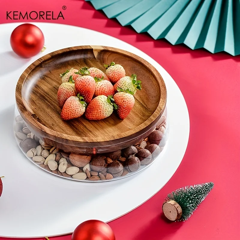 Wooden Trays Glass Bowl Nuts Fruits Food Container For Cereals Jar Double Layer Candy Jars With Wooden Lid Home Kitchen Storage