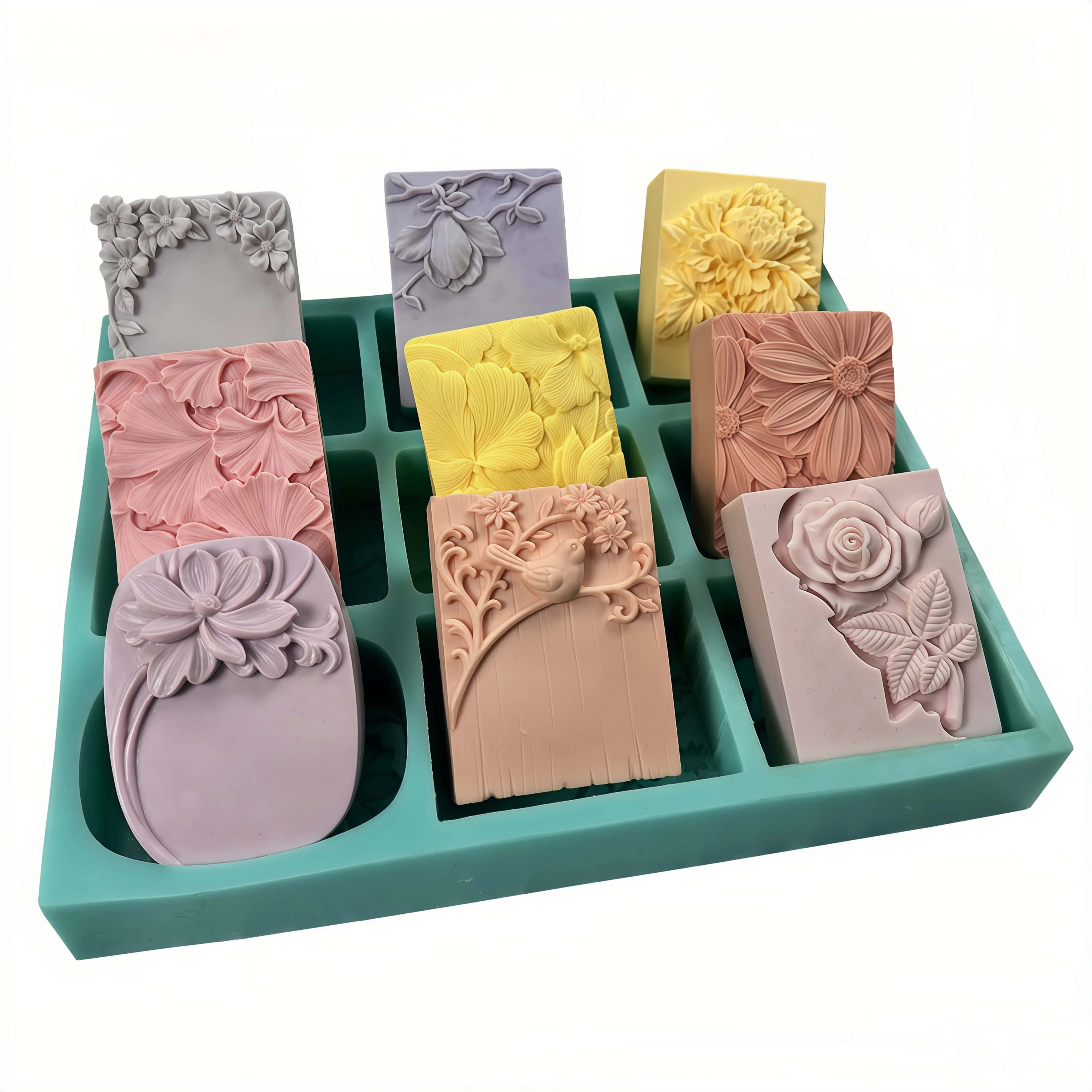 9 Cavities Rectangle Floral Silicone Soap Mold for Natural Soap Making - Flower Shaped Molds
