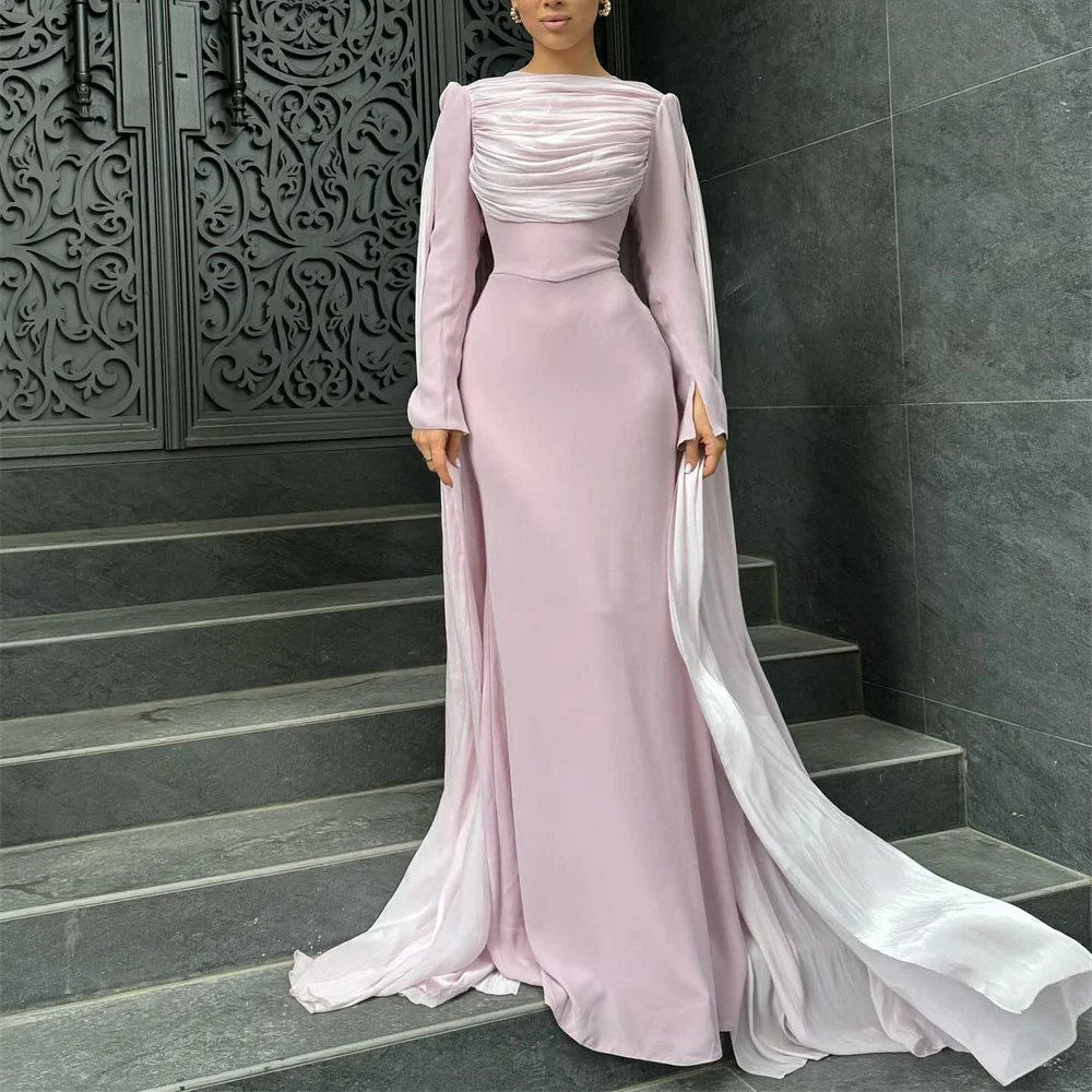 

ROYET Classic Strapless Woman Long Full Sleeve Pleat Mermaid Evening Dress Floor Length Sweep Train Pink Summer Style Prom Gown