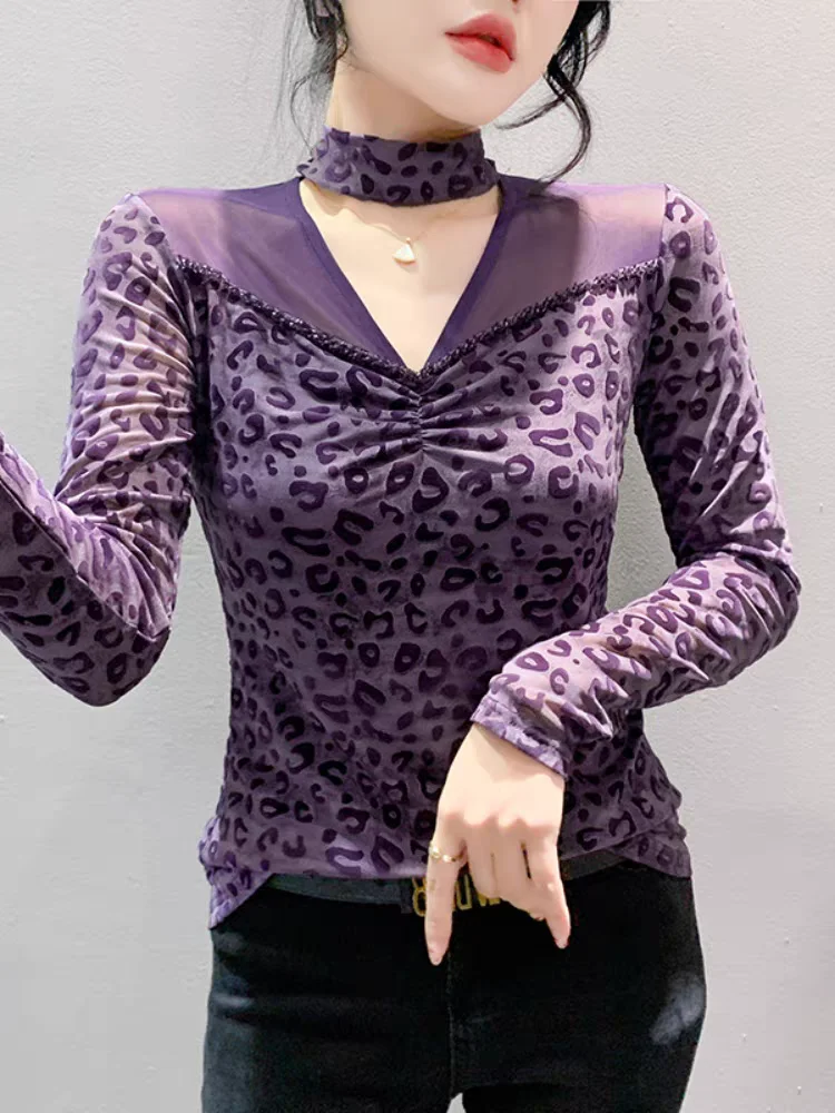 

Diamonds Leopard Tshirts Tops Women's Halter Sliced V Neck Mesh T shirt Long-Sleeved Tees Autumn Clothing 2024