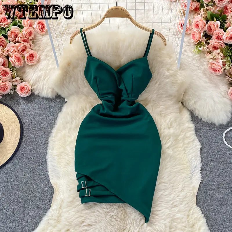 WTEMPO Sexy Women Summer Dress Solid Irregular Hip Wrap Red Dress Backless V-neck High Waist Slim Sleeveless Party Dress