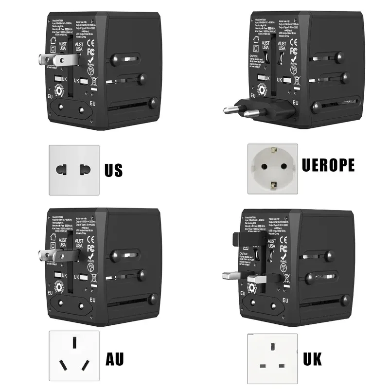 Travel Universal Plug Smart Power Adapter 3 USB-A and 1 USB-C type port fast charger for US EU UK Australia charger station