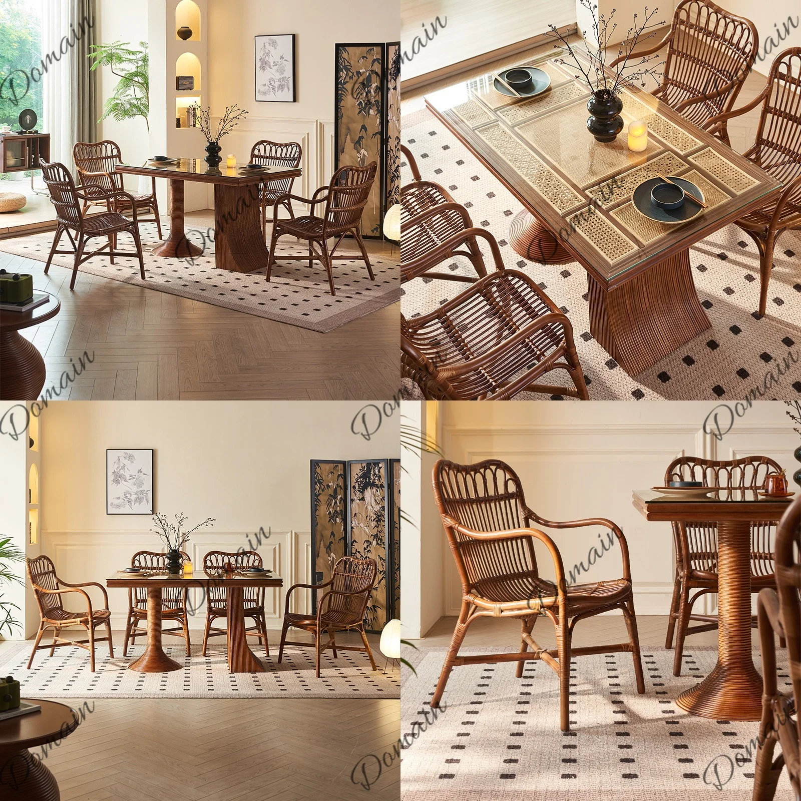 Modern Chinese Solid Wood Dining Table Vintage Style Art Dining Chair Set Rattan Woven Chairs for Home Kitchen