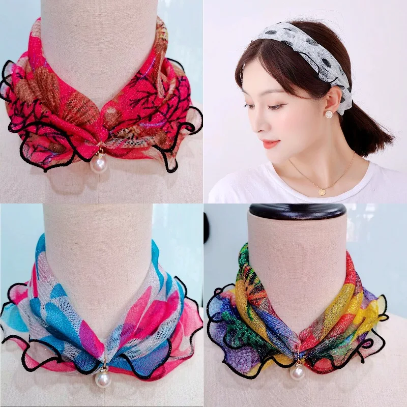 1PC Pearl Lace Scarf Neck Collar Print Shiny Variety Loop Scarf Ruffle Lace Scarf Pearl Pendant Chiffon Scarves Bandana Headband