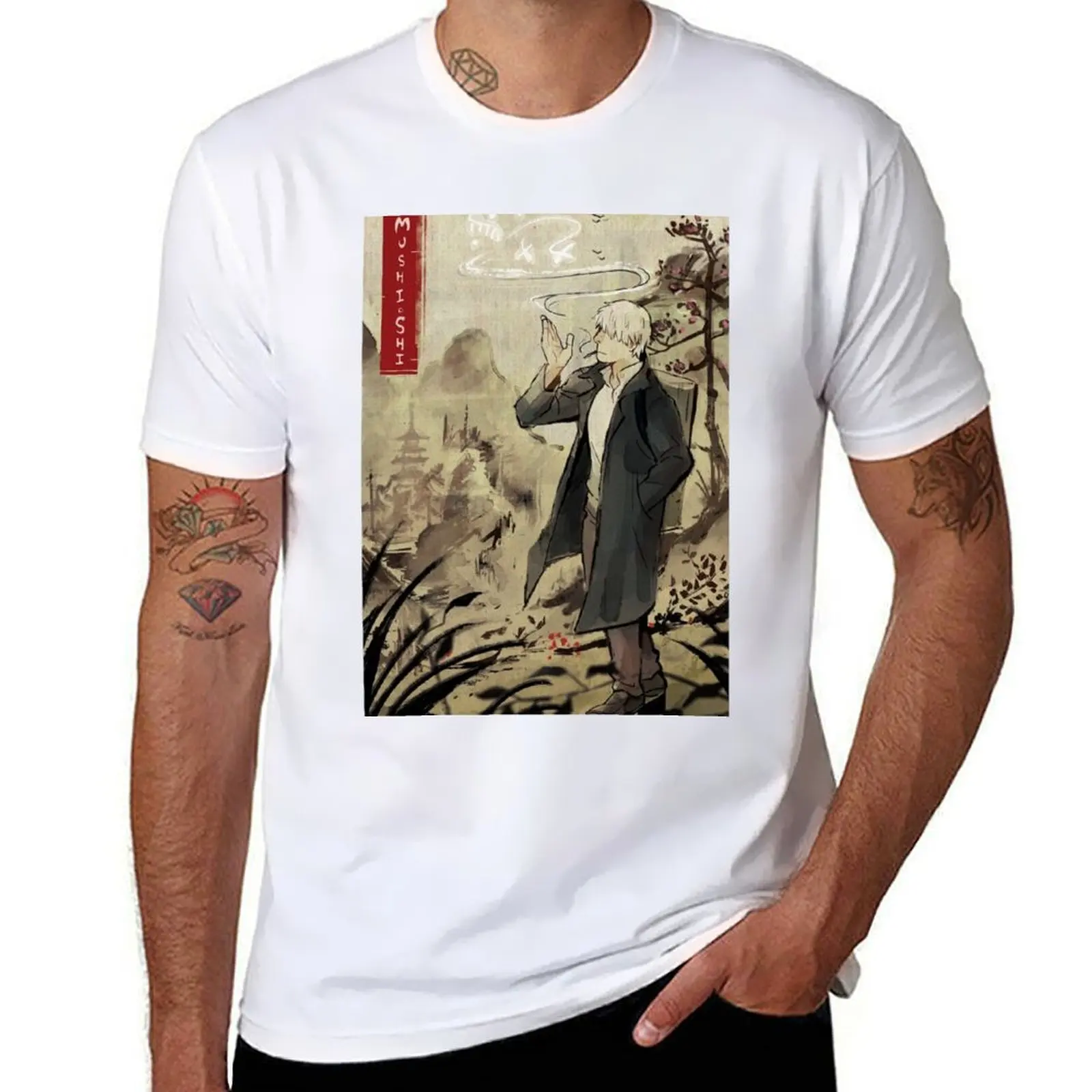

Мужская футболка с рисунком Shou, хлопковая футболка с рисунком, рубашки для мужчин, тонкие мужские качественные рубашки Zoku Mushishi fit