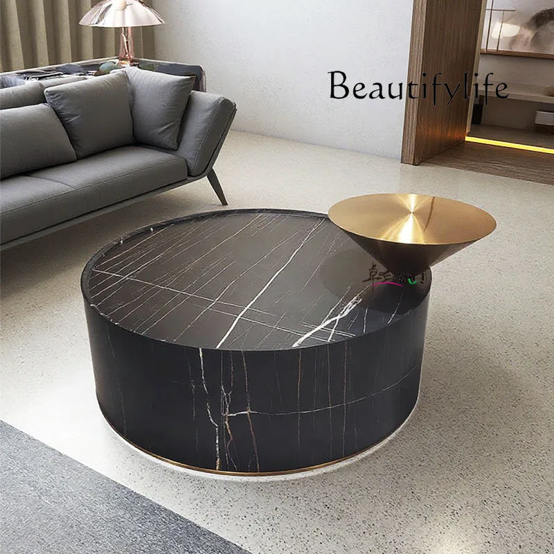 

Light luxury stainless steel high and low combination tea table Modern simple living room small apartment Marble coffee table