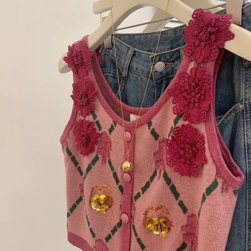 Retro Embroidered Vest Suspenders New Early Autumn Jacquard Short Knitted Chic Top for Women