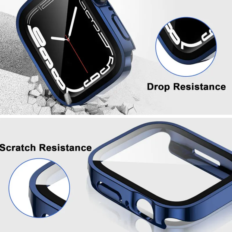 Tempered Glass Case for Apple Watch 9 7 8 45mm 41mm Screen Protector Cover Waterproof Hard PC Bumper iWatch 4 5 SE 6 44mm 40mm