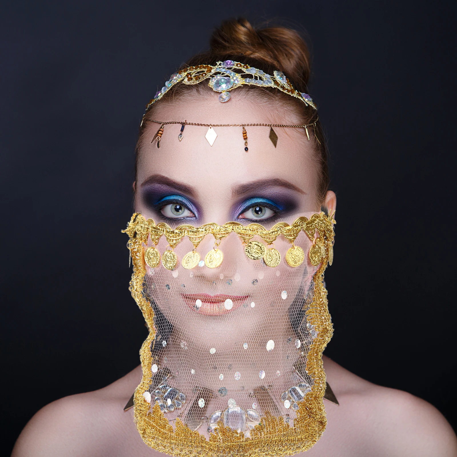 

Belly Veil Mesh Mask for Women Sequins Polyester Costume Prop Halloween Cosplay BellyDancer Outfit Stage Performance