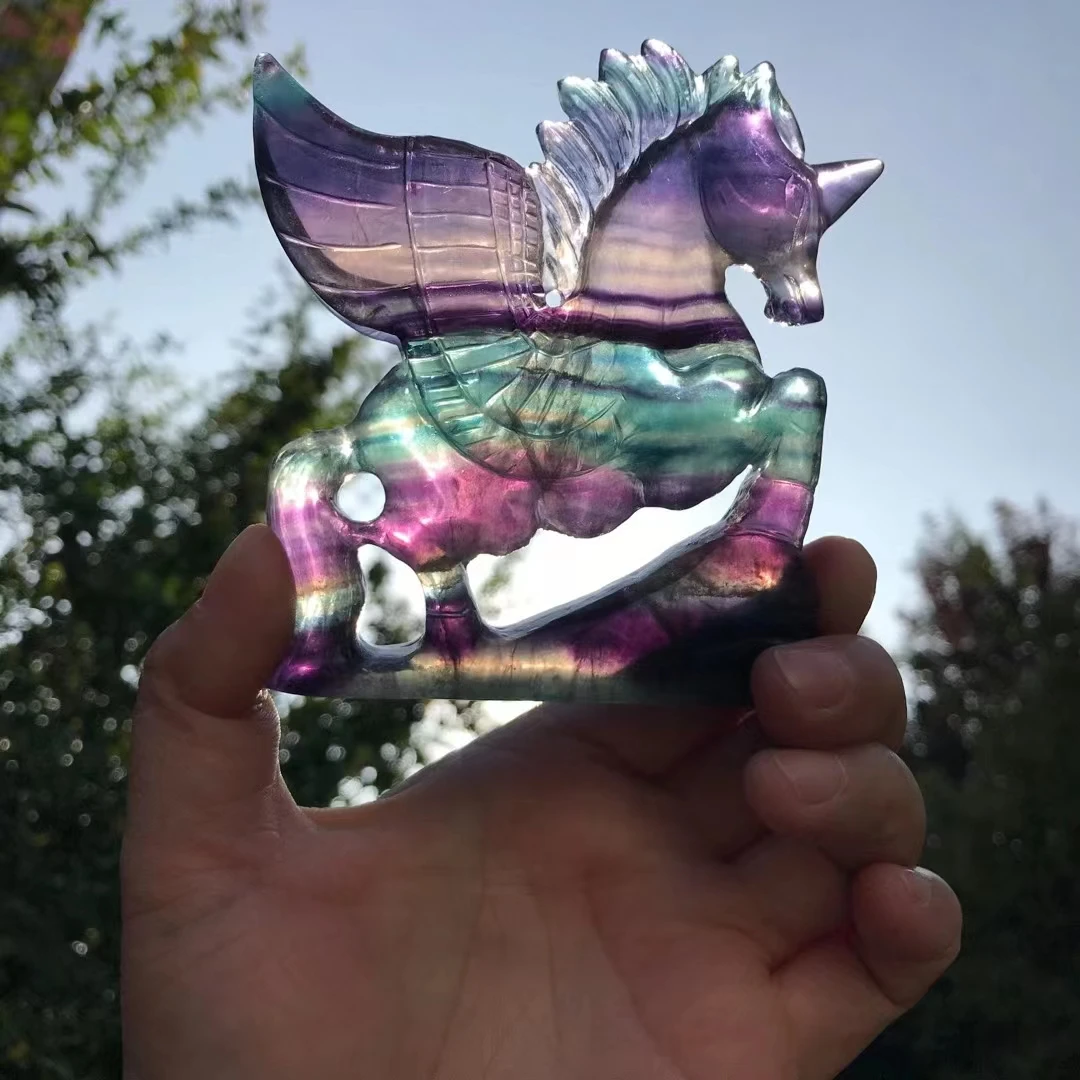 

Natural Color Fluorite Crystal Unicorn Sculpture Handmade carving crystal Ornaments Quartz Mineral