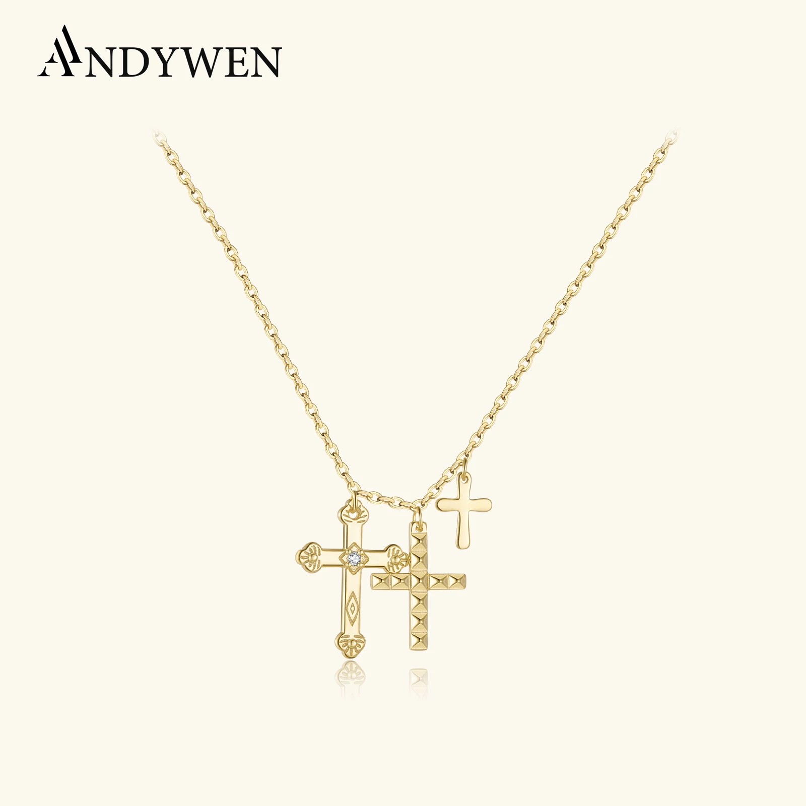 ANDYWEN-collar de cadena larga con colgante de tres cruces, de Plata de Ley 925, oro, joyería fina de moda, regalo 2021, invierno, 2021