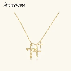 ANDYWEN Winter 925 Sterling Silver Gold Three Cross Pendant Charm Long Chain Necklace 2023 Fashion Fine Jewelry 2021 Gift