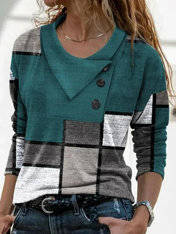 Mode Geometrie Druck T-Shirt Frauen lässig Herbst Knopf Langarm Tops schicke Kreis Dekoration weibliche T-Shirts 3xl – Detail 5