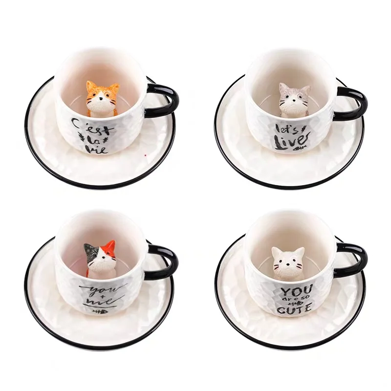 

For Home Christmas 230ml Cartoon Relief Small Animal Mug Cat Tiger Ceramic Coffee Cup With Cup Dish Household Breakfast Milk Cup