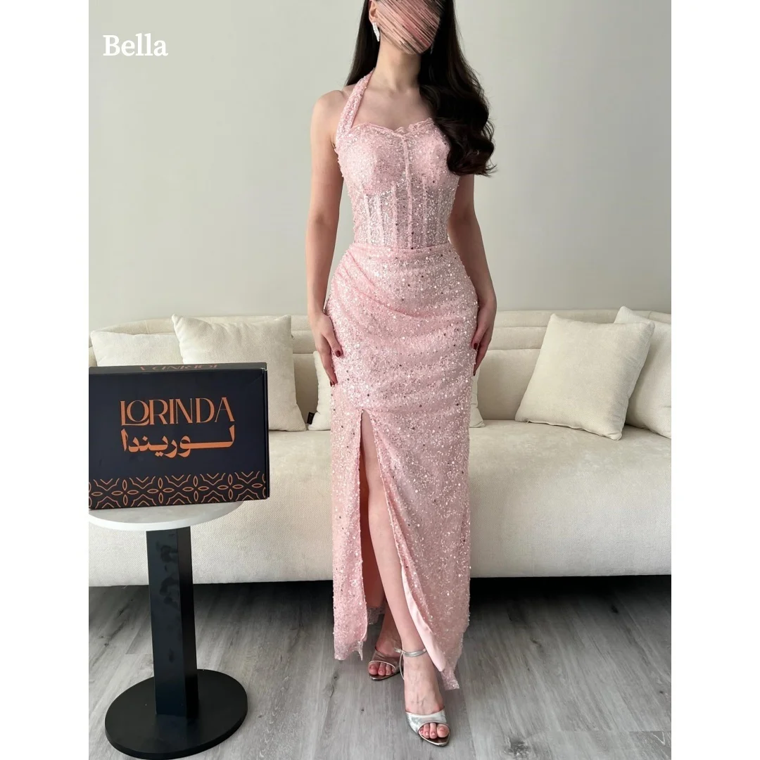 

Bella Индивидуальные румяно-розовые платья с лямкой на шее и вырезом в форме сердца, вечерние платья с пайетками, корсет, лиф, вечерние платья с высоким разрезом, подходят