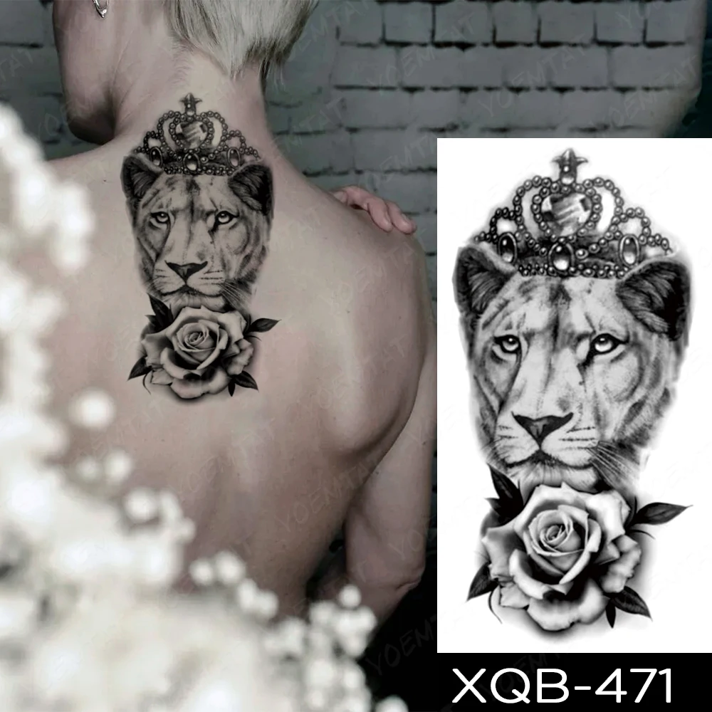 Waterproof Temporary Tattoo Stickers Fox Lion Tiger Wolf Peony Rose Flowers Leaf Flash Tatto Women Men Body Art Arm Fake Tattoos