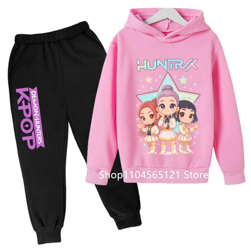 

Pink KPop Demon Hunters Children's Hoodies Tops+bottom Boy Girls Coat Casual Toddle Sweatshirr white child 3-12 year clothing