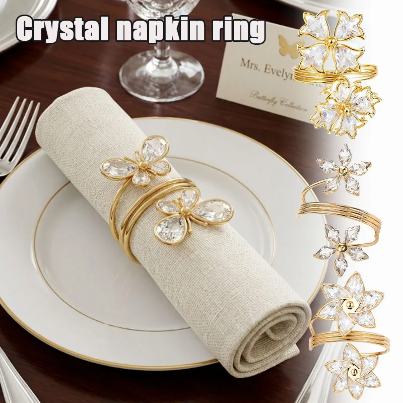 2-10PCS Sparkling Diamond Napkin Ring Rhinestone 5 Petal Flower Napkin Holder for Hotel Banquet Wedding Dining Table Decor
