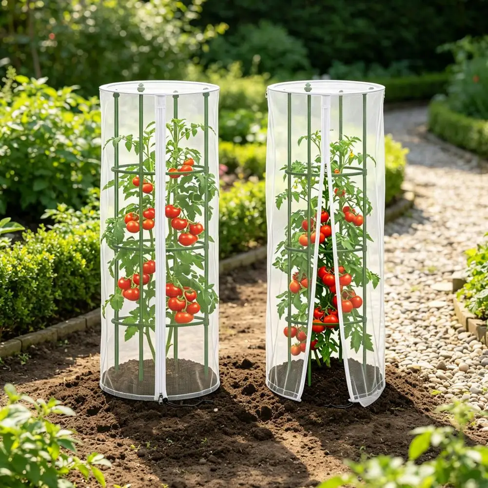 Garden Bird Netting for Round Triangular Tomato Cage Breathable Mesh Netting Insect Barrier Netting with Zipper Drawstring Plant