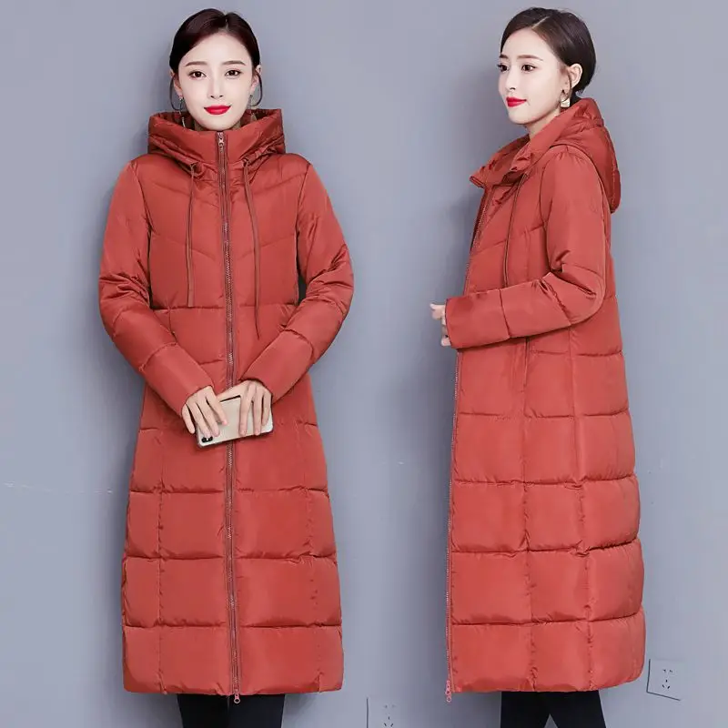 Oversized Hooded Slim Long Parkas Winter Thicken Warm Snow Wear Women\'s Padded Coat Zipper Solid Color Casual Quilted Overcoat