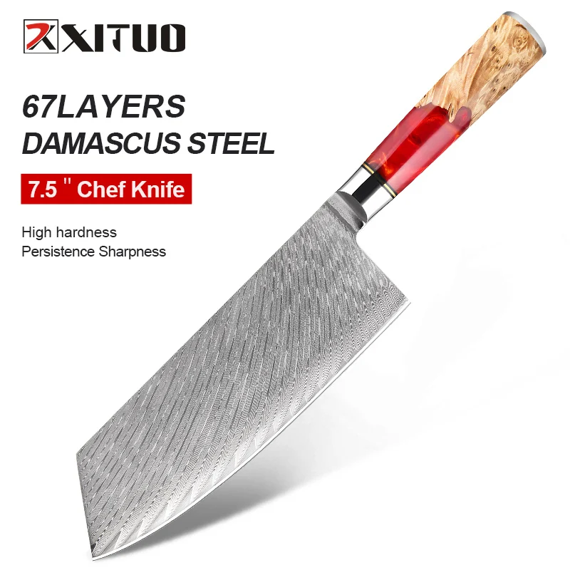 

XITUO Damascus Steel Cleaver Knife 7Inch Multipurpose Chinese Chef Knife Sharp Butcher Knife Meat Vegetable Knife with Sheath