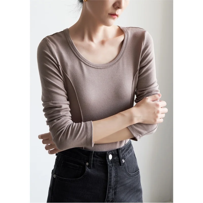 

Women U-Neck Wool Blend ​T-shirt,Autumn Winter Keep Warm,Long Sleeve Slim Bottoming Undershirt,solid Color Tops